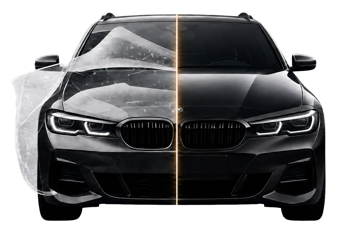 Predná časť BMW: na ľavej polovici ochranná PPF fólia, na pravej keramická ochrana laku